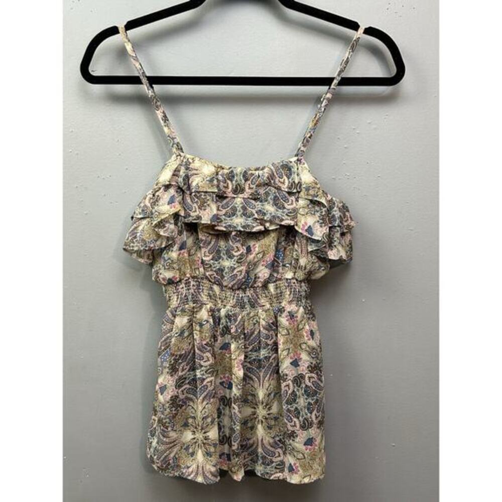 Twenty One Tank Top Womens Small Tan Tiered Smocked Paisley Boho Festival Fairy